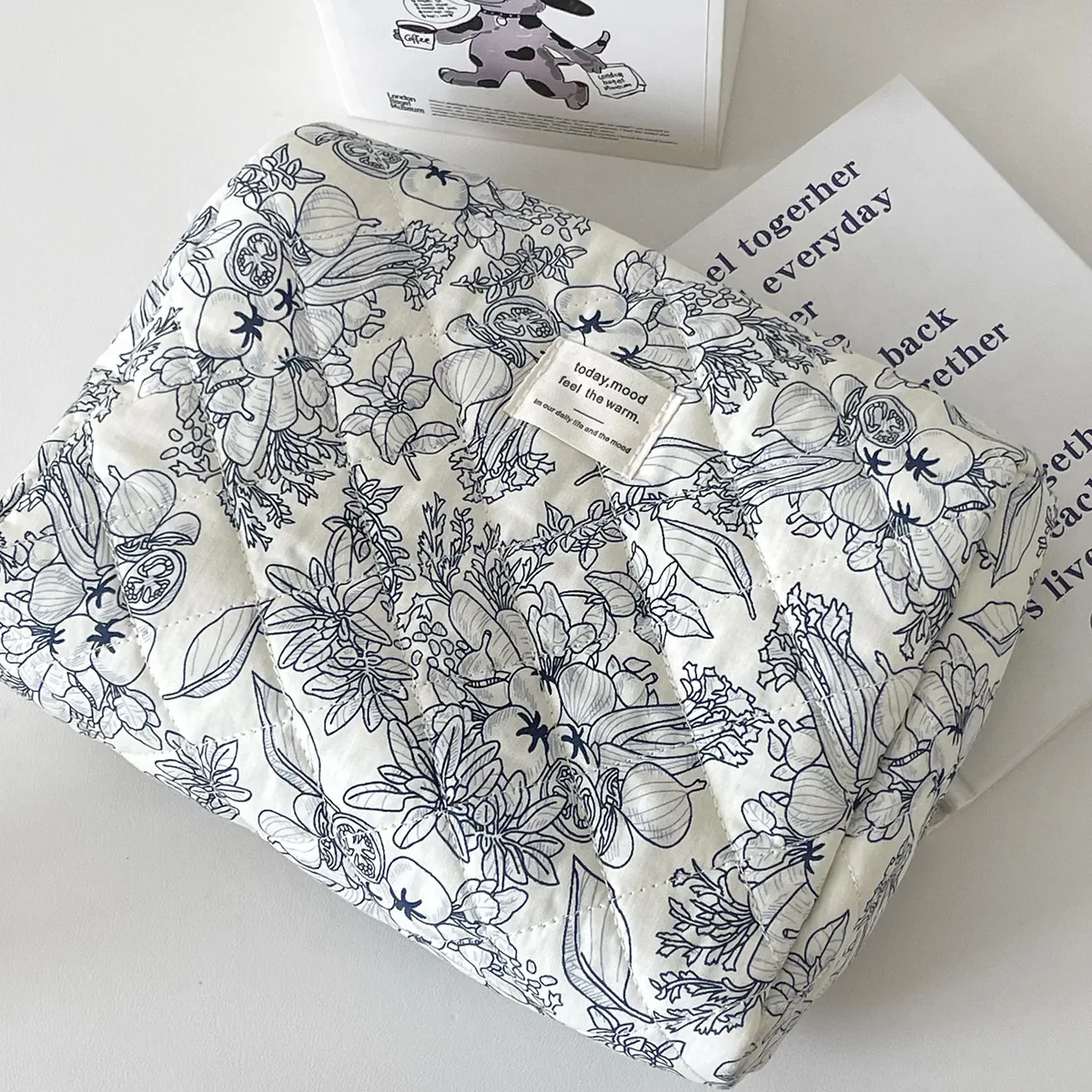 evaluflower-trousse de maquillage en coton matelassé avec fermeture éclair pour femme, sac à main pour femme, trousse de toilette portable, sac à main pour fille, voyage