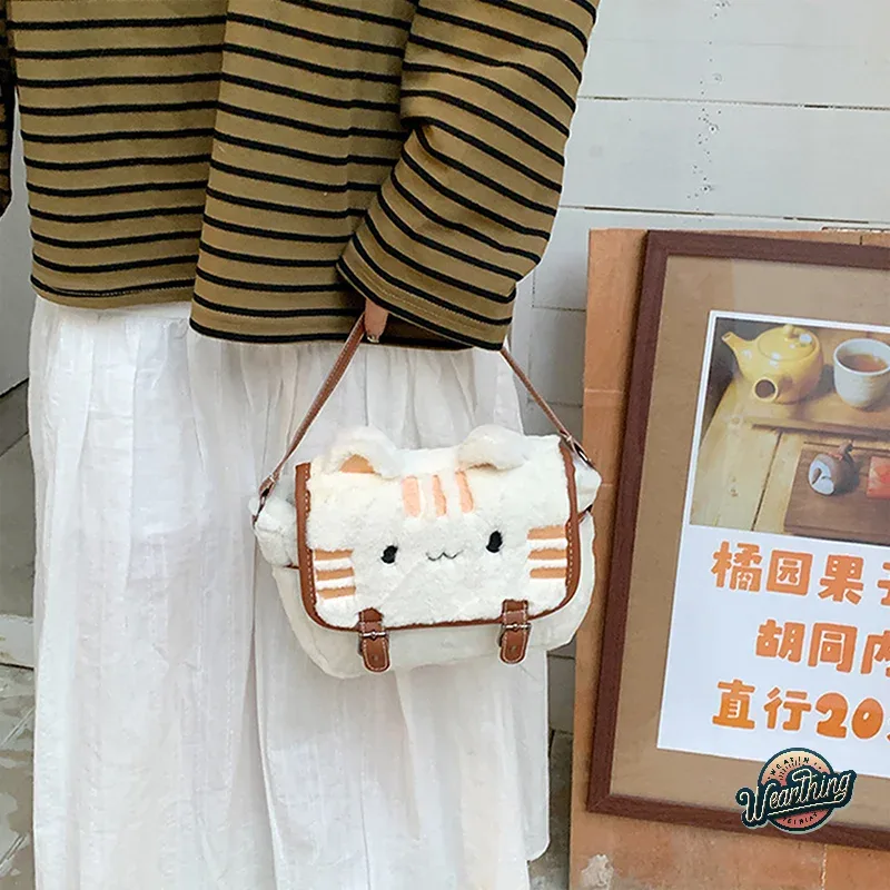 sac messager en peluche pour femme, joli sac à main de dessin animé, visage de chat mignon, sacs à bandoulière initiés