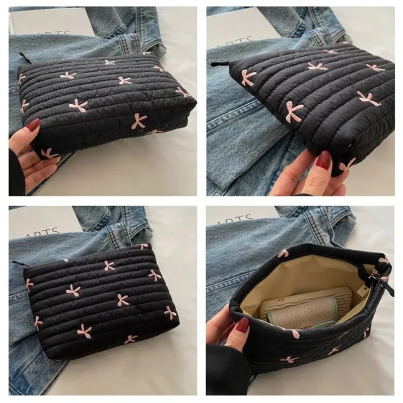 trousse de maquillage mignonne avec fermeture éclair, grande capacité, sac cosmétique brodé avec nœud, sac de rangement pour articles de toilette