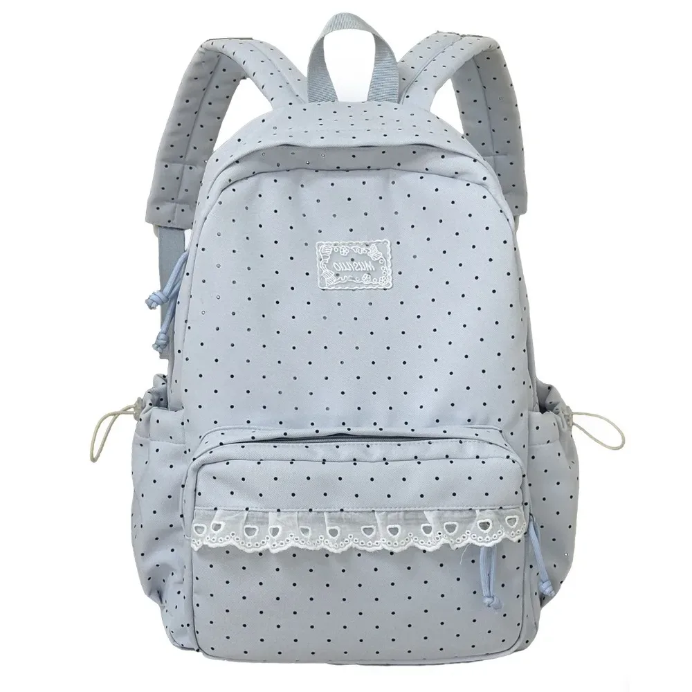 sac à dos à pois élégant avec nœud minimaliste et bordure en dentelle, grande capacité, léger, pour étudiants, école et voyage