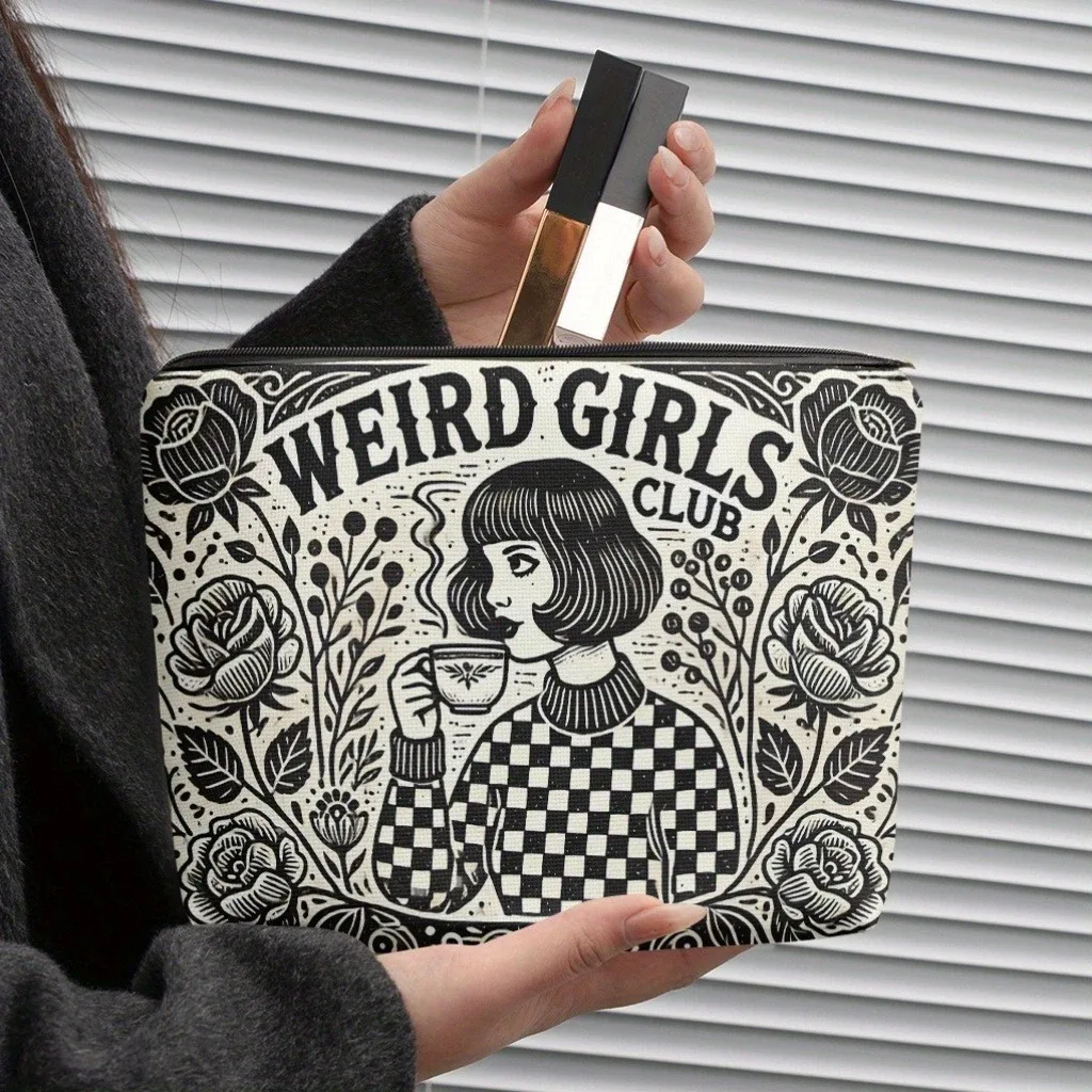 sac de maquillage chic gift weird girls club, pochette à cosmétiques vintage à motif floral et à carreaux avec fermeture éclair pour voyage, sac de rangement d'articles de toilette
