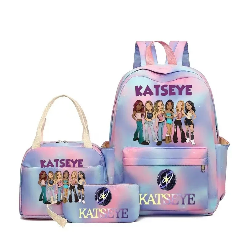 sac à dos grande capacité imprimé katseye amusant, léger, pour l'école, les voyages, décontracté, pour femmes et filles, avec compartiment pour stylos et sac à déjeuner