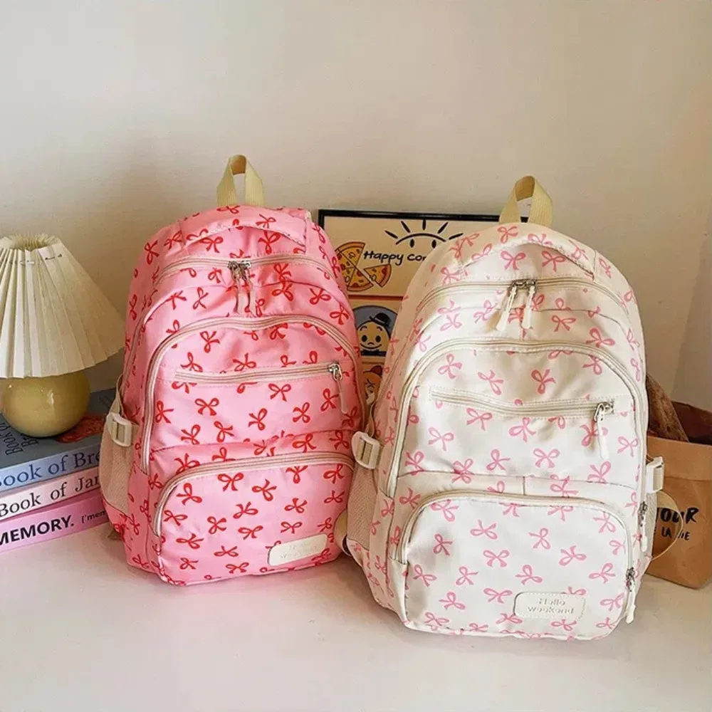 3 pièces/ensemble mignon grande capacité arc sac à dos nœud imprimé nylon sac d'école sangle réglable voyage sac à dos