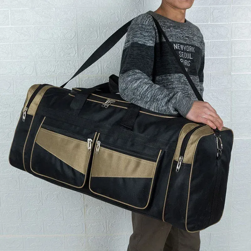 sac voyage nylon patchwork noir bandes dorées poches lateral zippées format rectangulaire sac week-end sport polyvalent