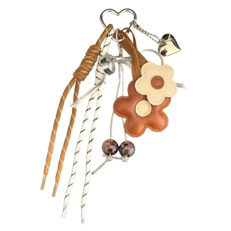 porte-clés en cuir pu avec breloque cœur fleur pour femme, accessoire mignon style bohème pour sac à main, sac fourre-tout, cadeau pour filles