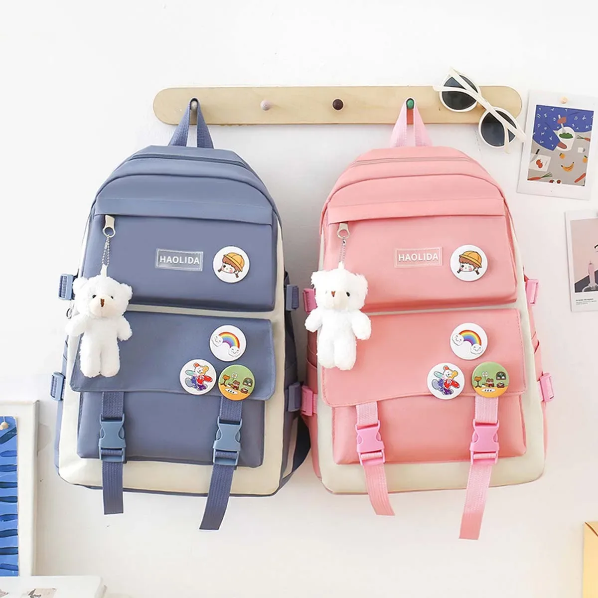 sac dos toile lavande rose pastel dessin animé ours blanc arc ciel polyester polyestride couche intermédiaire informatique ceinture coussin air voyage décontracté