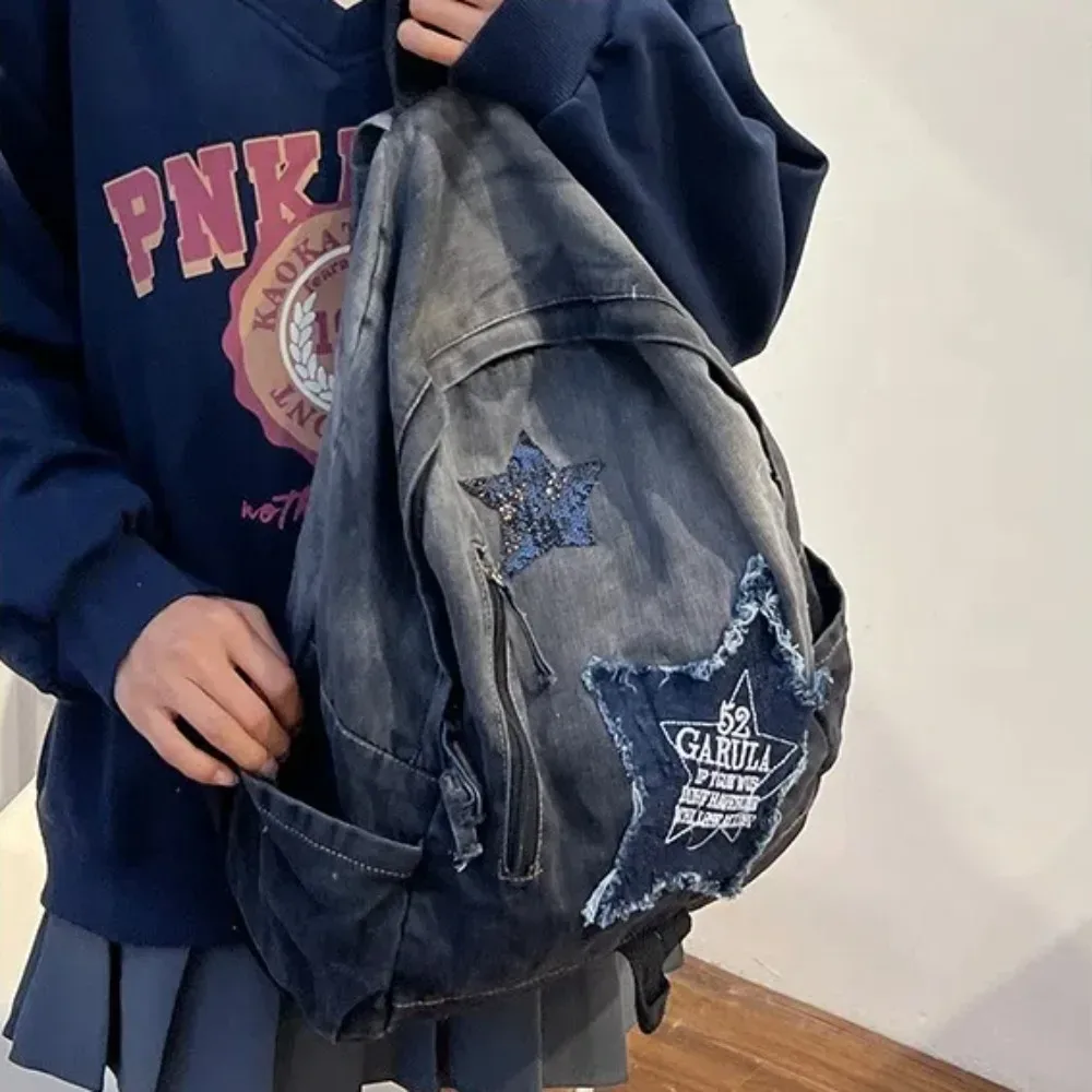 nouveau sac à dos en denim à motif étoile y2k, sac de livre de grande capacité, sac à dos de voyage punk pour adultes
