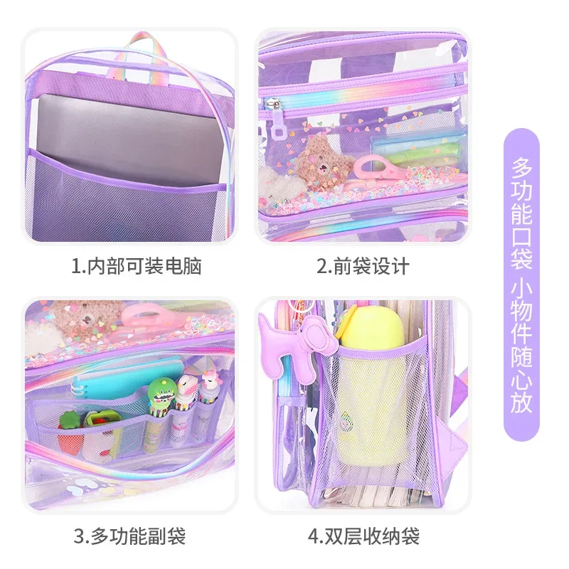 sac à dos transparent en pvc imprimé cœur, pour adolescents, garçons et filles, cartable d'étudiants, grande capacité, étanche, voyage, plage