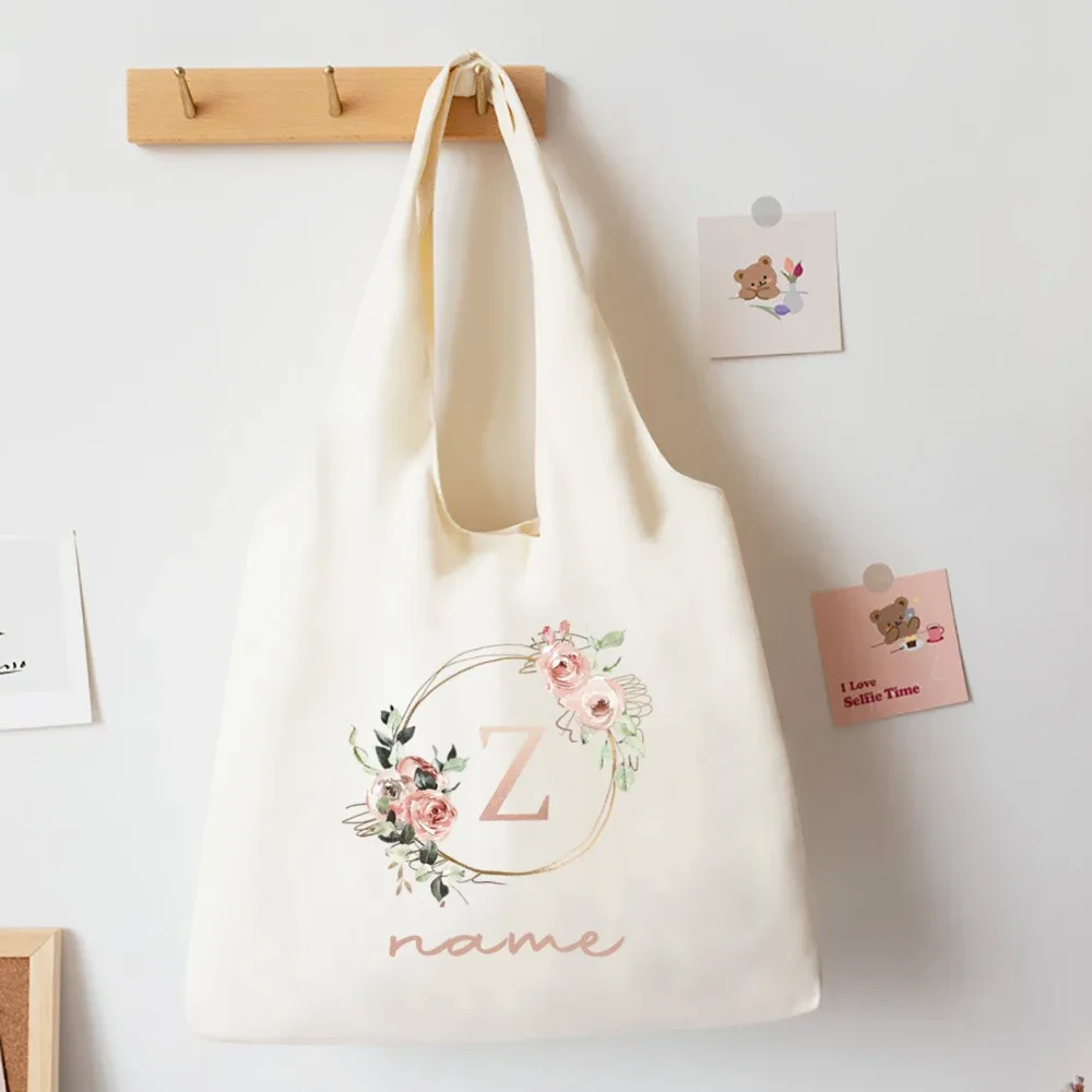 sac fourre-tout imprimé alphabet floral avec nom personnalisé, sacs à main portables en toile de grande capacité, meilleurs cadeaux d'anniversaire de noël