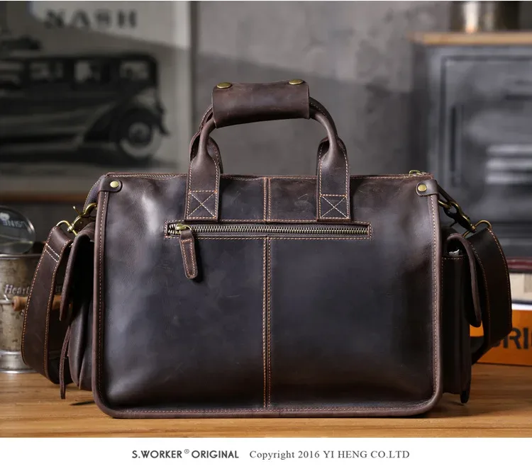 porte-documents vintage fait main en cuir de vache crazy horse pour homme, multi-poches, sac à main d'affaires de luxe en cuir véritable, grande capacité pour ordinateur portable