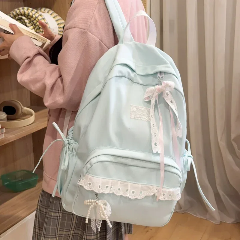 sac à dos élégant pour étudiantes, multi-poches, avec nœud en dentelle, pour le campus, décontracté, avec nœud papillon, pour livres, pour filles, pour le shopping et les sorties