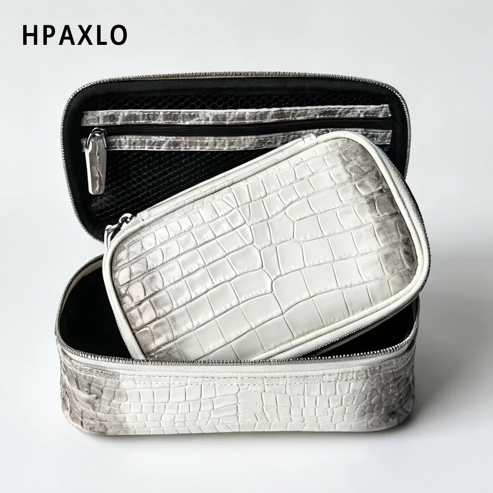 nouvelle trousse de toilette en cuir véritable à motif crocodile, organiseur de voyage, sac à main portable, pochette de rangement pour maquillage avec initiales
