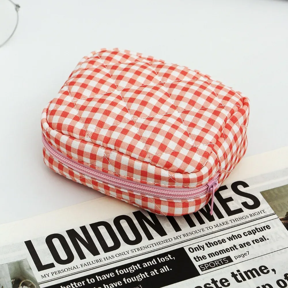 sac de maquillage portable, design matelassé, motif à carreaux, sac de rangement pour pinceaux de maquillage avec fermeture éclair, sac de toilette multifonctionnel pour les voyages