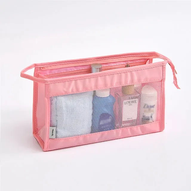 sac de voyage léger et respirant en maille pour femme, trousse de toilette portable transparente pour maquillage et soins de la peau