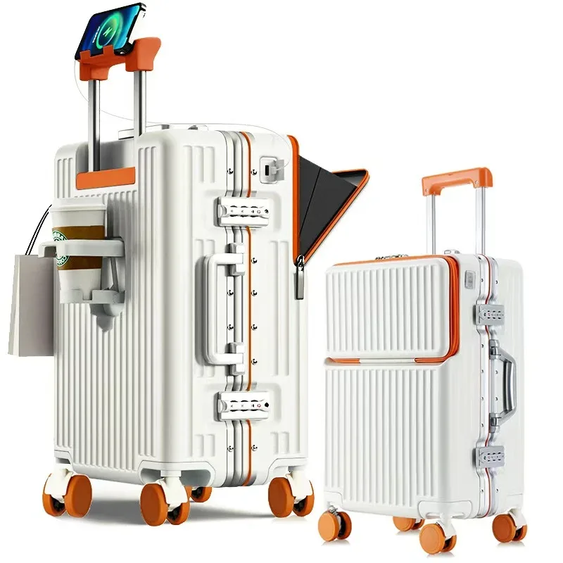 valise à cadre en aluminium, bagage de cabine à ouverture avant avec porte-gobelet usb, boîtier de chariot pour femme, valise de voyage avec roue de frein pour homme