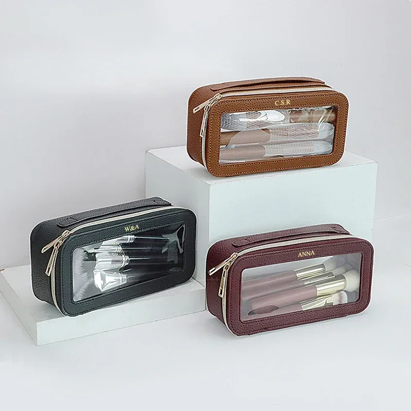 sac de voyage de luxe portable pour cosmétiques, personnalisable avec nom, en cuir pu, fermeture éclair, grande capacité, trousse de maquillage transparente, étanche, trousse de toilette