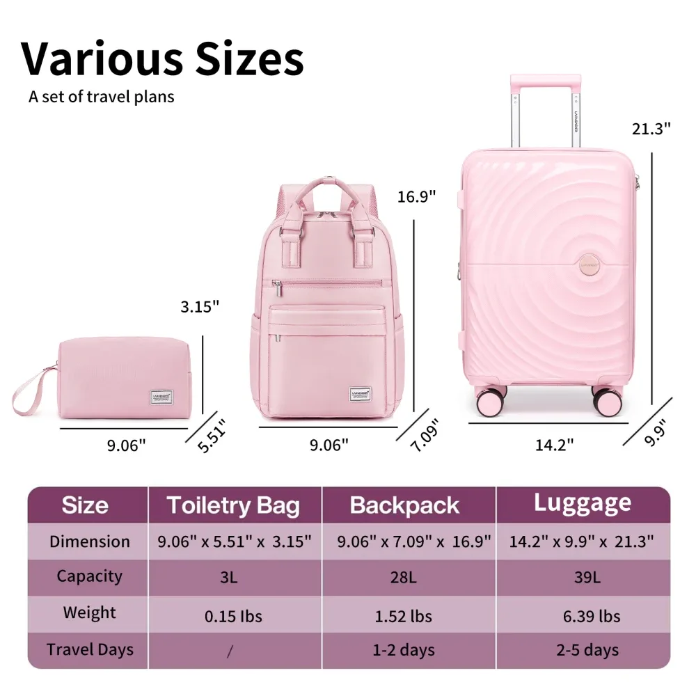 ensemble de 3 valises légères extensibles en pp de 20 pouces avec roulettes