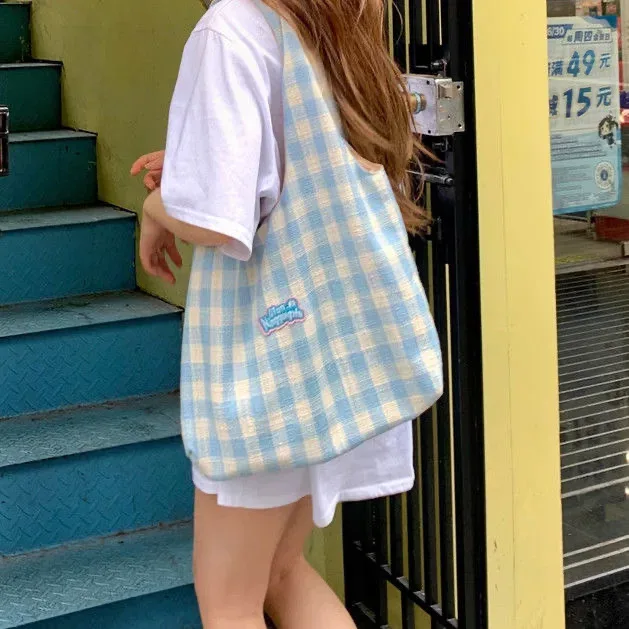 style paresseux, sac fourre-tout polyvalent à carreaux, sac à main à une épaule pour fille artistique pour classe, sac de shopping pour sortir