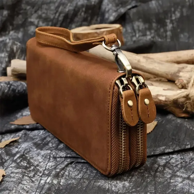 luufan-long sac à main en cuir de cheval vintage pour hommes et femmes, portefeuilles à double fermeture éclair pour carte de crédit, pochette pour homme