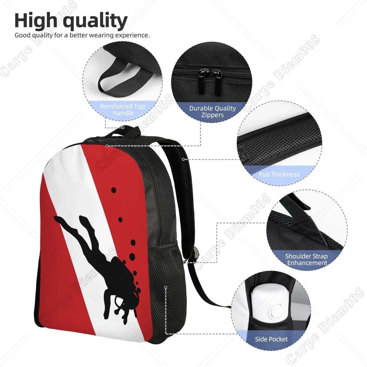 sac à dos à motif de plongée sous-marine, sacs d'école, sacs de voyage pour ordinateur portable de 15 pouces, unisexe en polyester pour le travail de randonnée en plein air