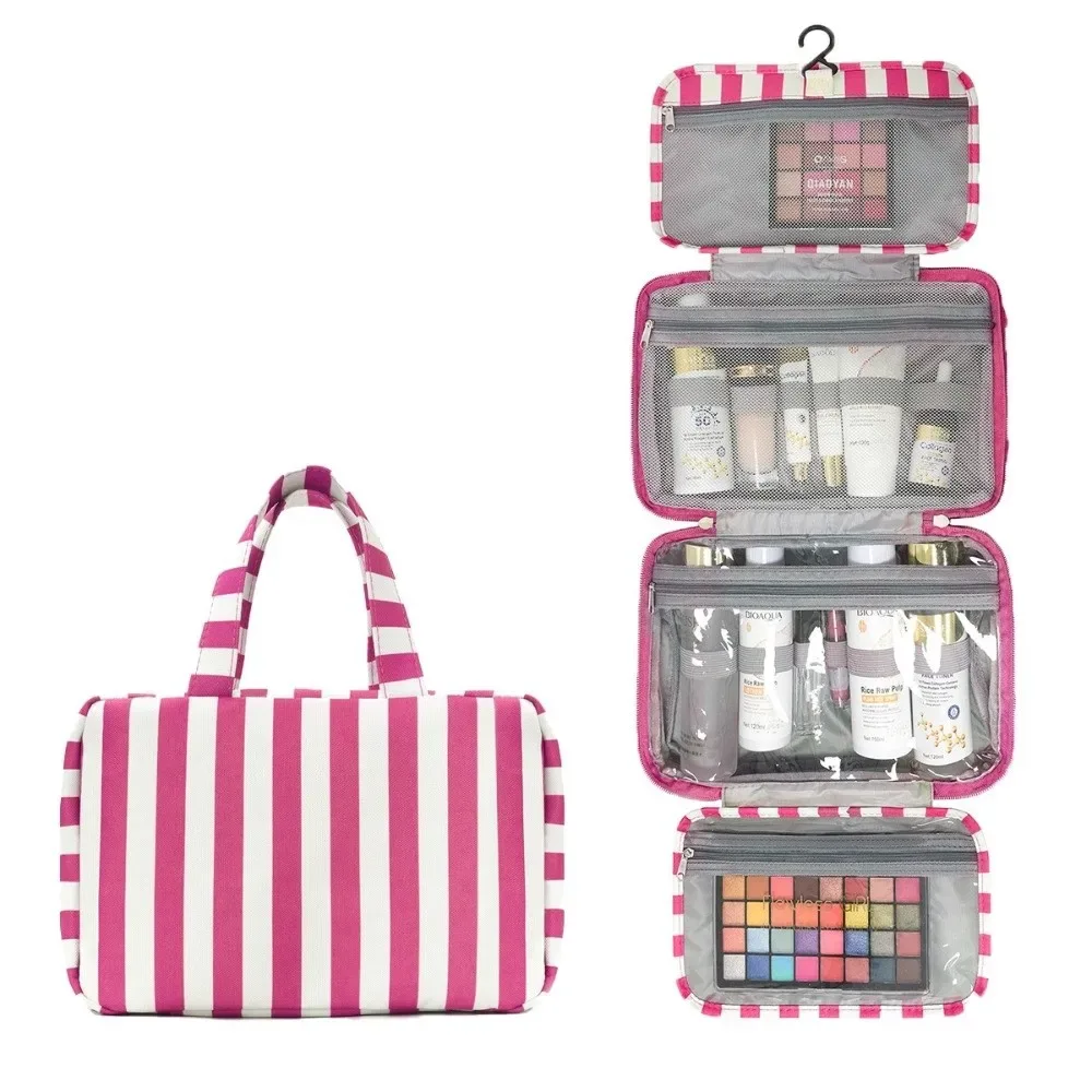 sac de toilette de voyage portable suspendu, pliable en 4, avec crochet, organisateur de cosmétiques, grande capacité, sac de cosmétiques rayé, pour l'extérieur