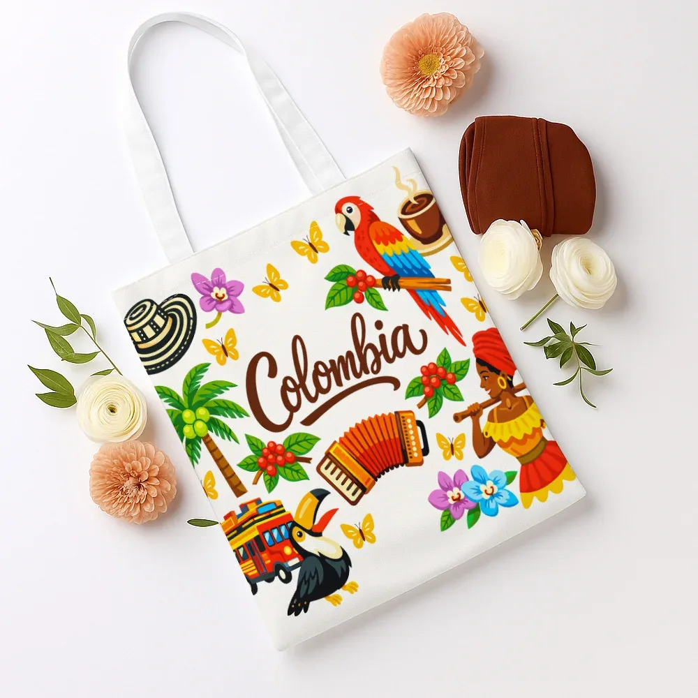 sac fourre-tout imprimé avec éléments culturels de la colombie, sac de courses réutilisable, adapté à un usage quotidien, aux courses, à l'école et aux voyages, 1 pièce