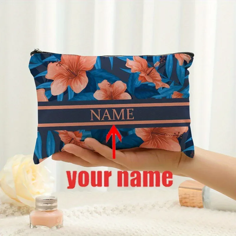 1 pièce trousse de maquillage personnalisée avec nom et motif floral imprimé, sac de rangement de voyage pour articles de toilette, organisateur de cadeaux de fête, pochette cosmétique