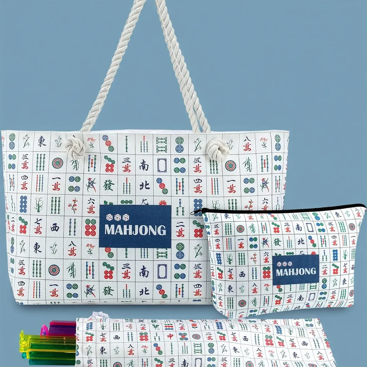 sacs de rangement pour tuiles de mahjong imprimées bleues, ensemble de sacs fourre-tout de 24x13x4,7 pouces, grands avec poignées pour les voyages, le transport quotidien, cadeau pour les amateurs de jeux de société
