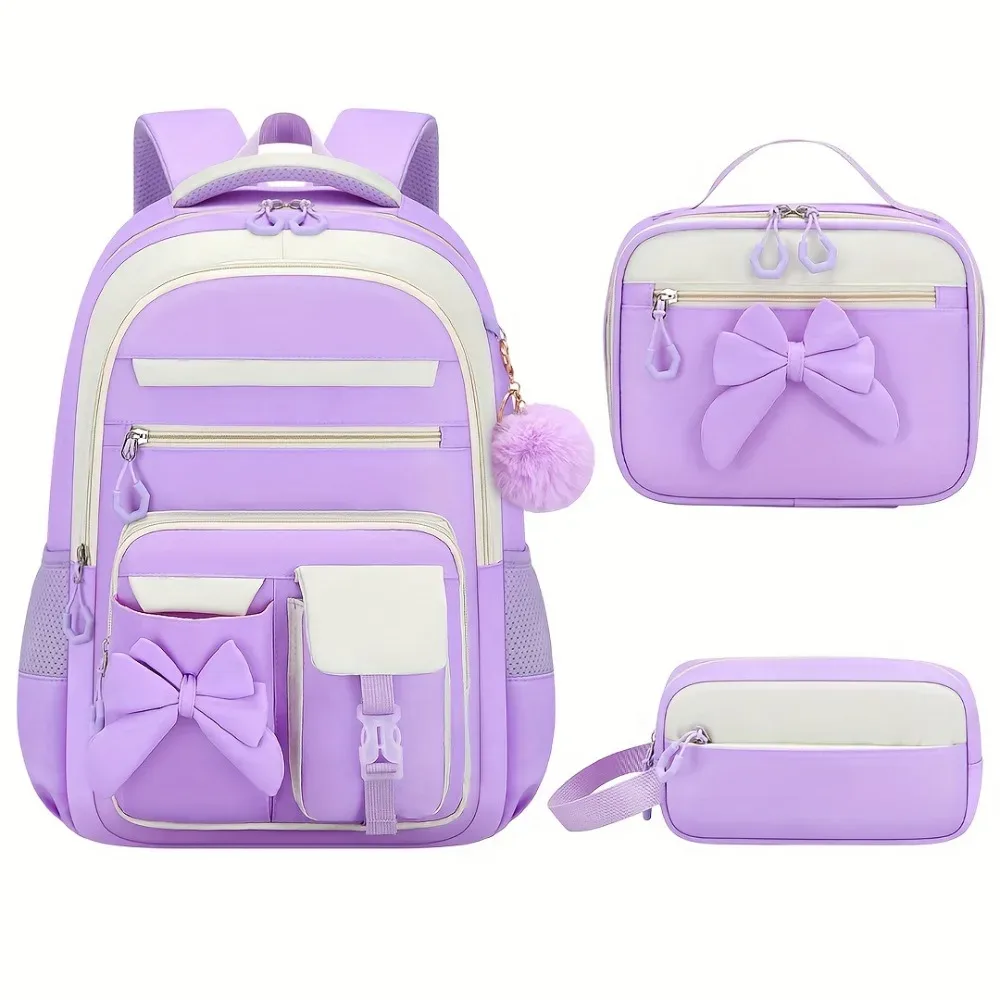 sac dos oxford cloth noir rubans pompons sac lunch boîte crayons palette rose gris imperméable usage ecole adolescente
