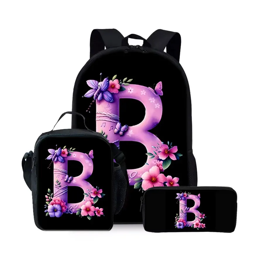 nouvel ensemble de sacs à dos trois pièces à motif alphabet anglais pour garçons et filles – meilleurs cadeaux – sac à dos scolaire plat 2d dessin animé pour enfants
