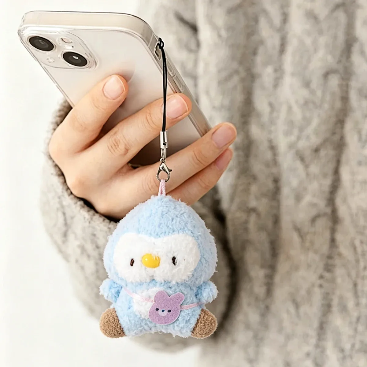 porte-clés en peluche mignon et moelleux, pendentif de dessin animé lapin rose et poussin jaune avec étiquette ours, animal en peluche doux pour sac à dos