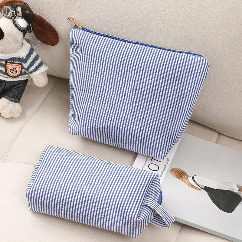 trousse polyester rayé rose violet bleu oreiller format voyage grande capacité maquillage cosmétiques femmes