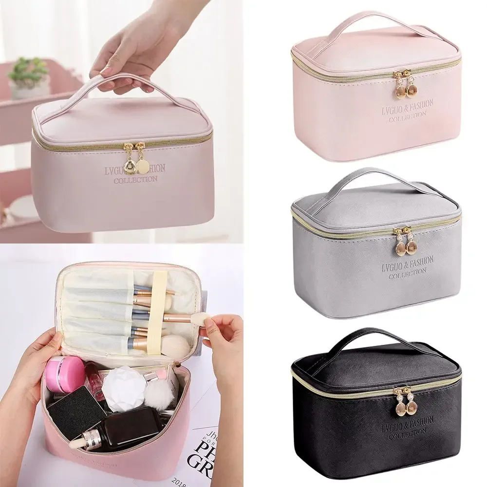 trousse à cosmétiques en cuir pu, grande capacité, étanche, fermeture éclair, trousse de maquillage, voyage, toilette multifonctionnelle, évaluation