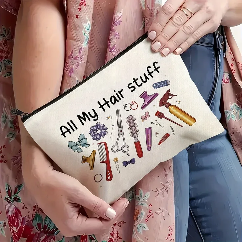 sac de toilette de voyage en toile avec imprimé accessoires pour cheveux, sac de rangement léger à fermeture éclair pour maquillage, design tendance, c'est un cadeau