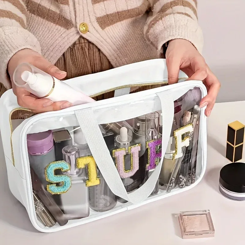 boîte de maquillage transparente givrée en pu, trousse de toilette de voyage étanche, sac de rangement de bain portable de grande capacité, sac à déjeuner pour enfants