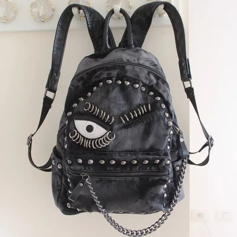 sac à dos en denim steampunk pour femmes, nouvelle mode, grande capacité, chaîne à rivets, sac à bandoulière, sac en toile de grande capacité