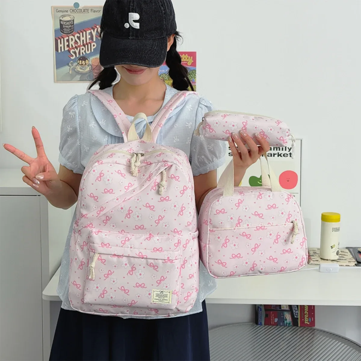 sac dos nylon nœuds fleurs roses blancs sacs école femmes accessoires trousse pochette voyager campus