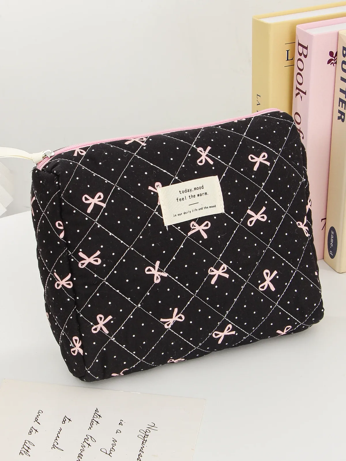 organisateur voyage polyester noir motif géométrique nœuds roses sac maquillage matelassé multifonctionnel cadeau vacances essentiel voyage