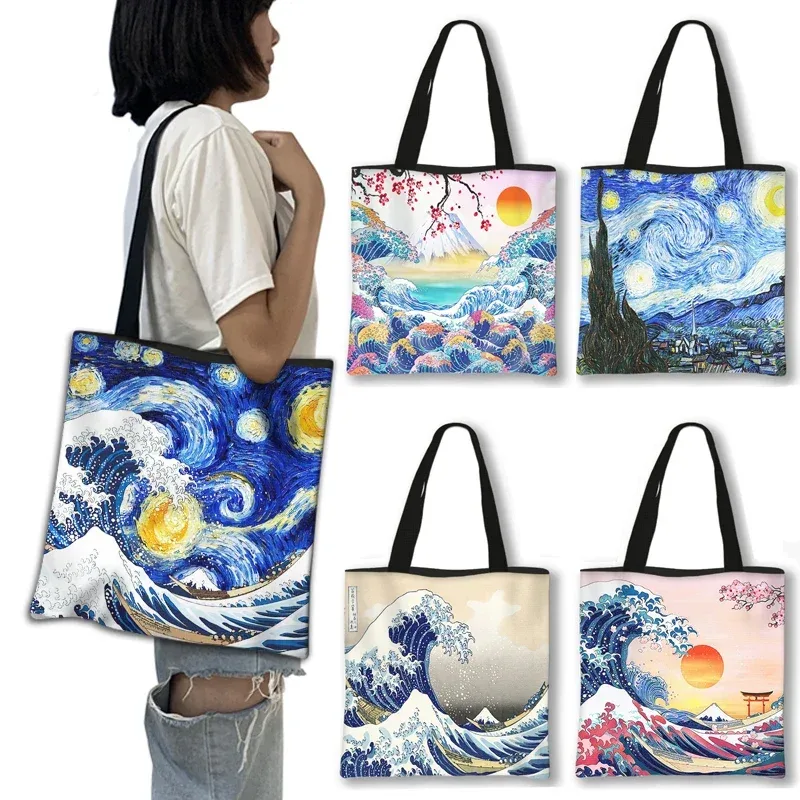 Japon la grande vague de Kanagawa sacs à provisions nuit étoilée femmes fourre-tout toile sacs à bandoulière pour voyage filles sac à main Shopper sac