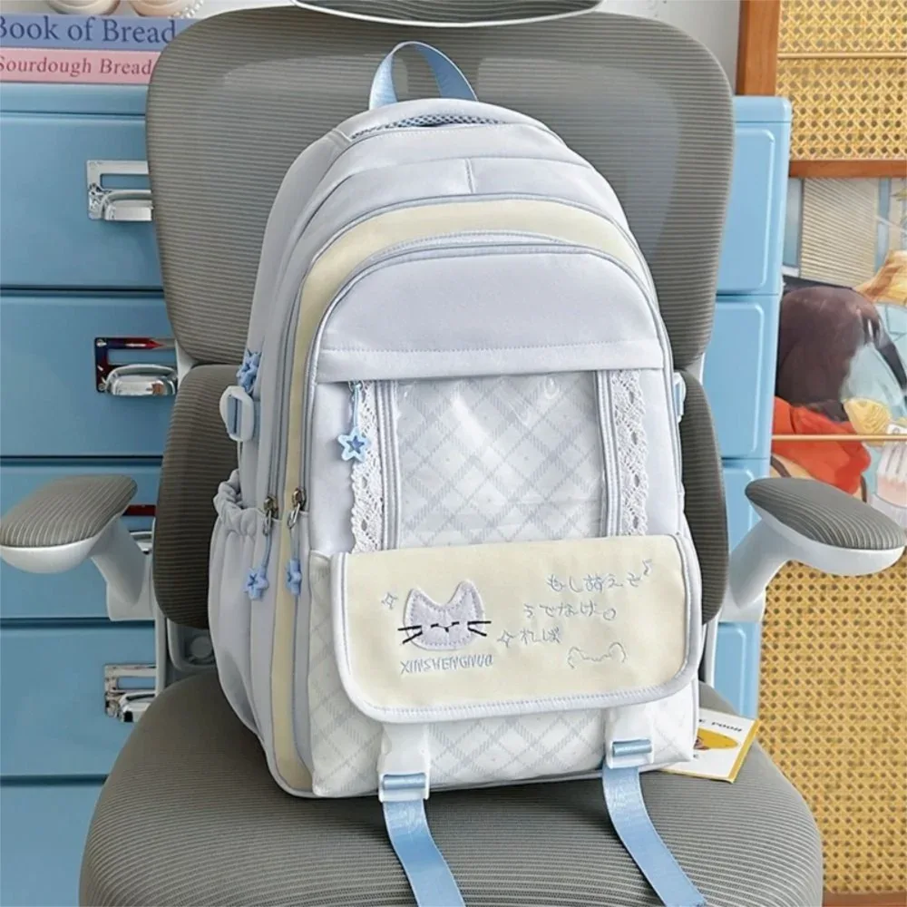 sac à dos en nylon ajouré color-block, grande capacité, mignon, style preppy, transparent, à motif chat et écossais, pour l'école et le shopping
