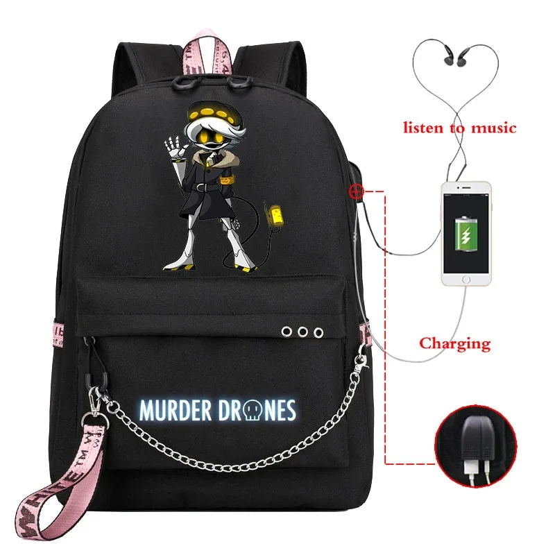 sac dos toile dessin animé personnages colorés logo murder drones chaîne métallique câble usb voyage capacité 20 35 litres