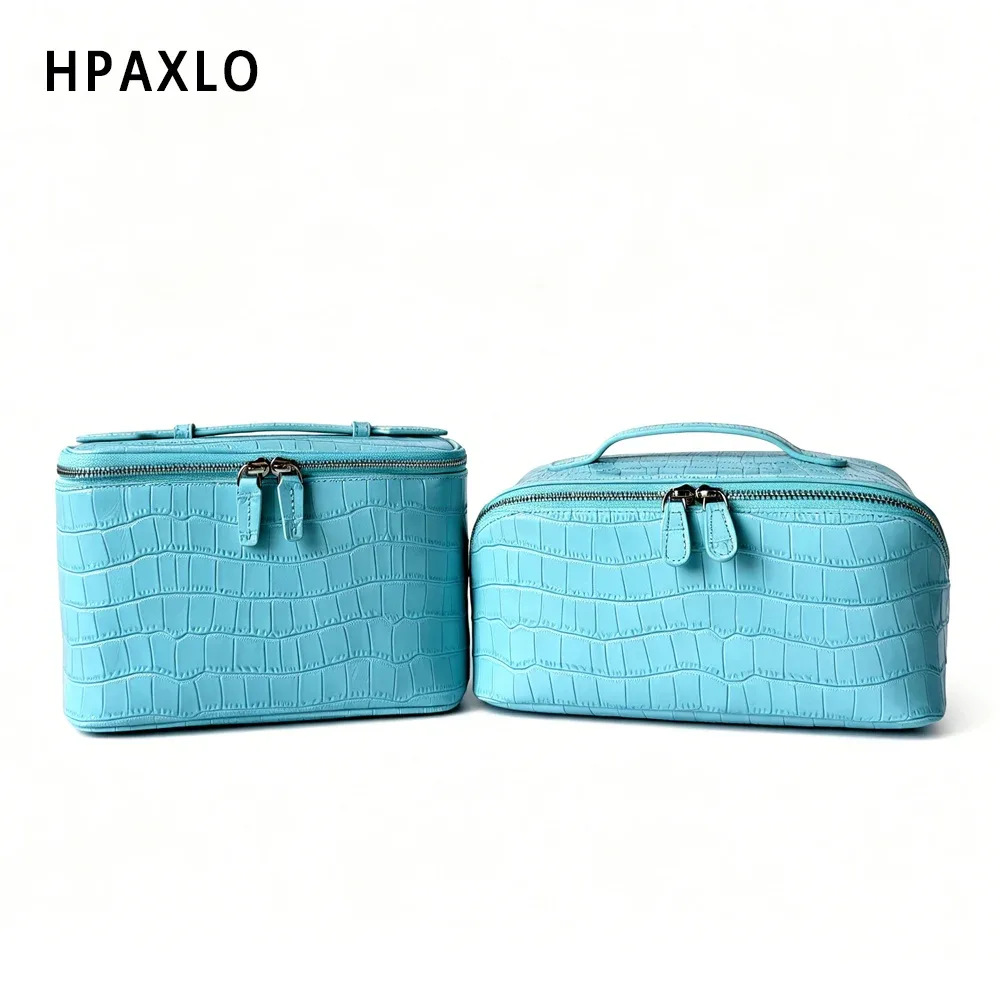 trousse de maquillage en cuir pleine fleur imprimé crocodile bleu, sac de toilette, cadeau femme, étui cosmétique, organisateur de maquillage de voyage