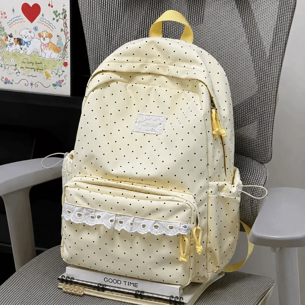 sac à dos de voyage à pois tendance avec dentelle en nylon, cartable d'étudiant multi-poches grande capacité pour ordinateur portable