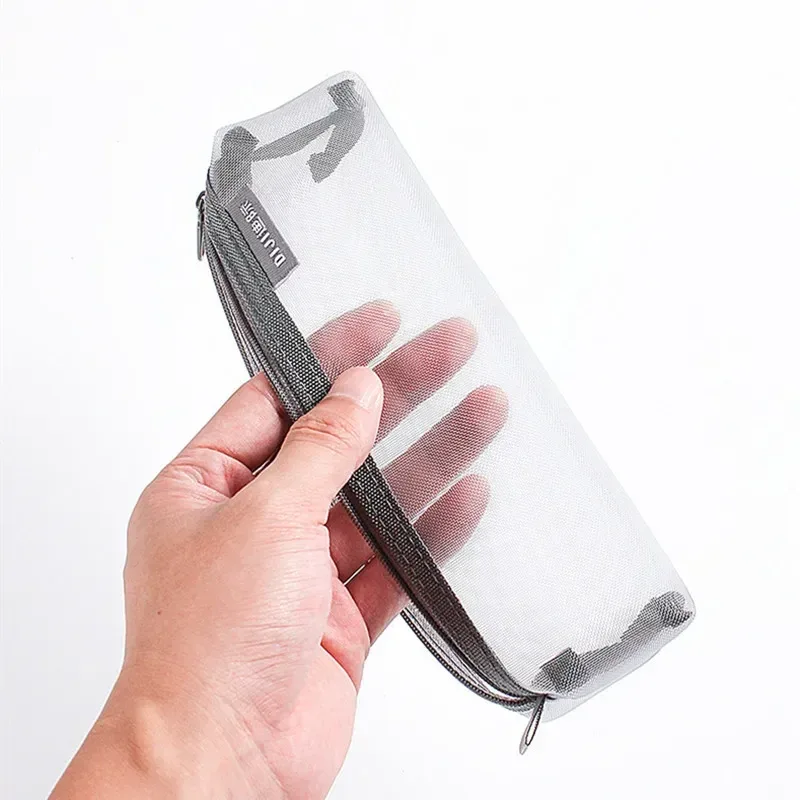 trousse de maquillage simple gris noir, grande capacité, sacs transparents pour pinceaux cosmétiques, trousse à crayons en nylon tridimensionnelle pour étudiants