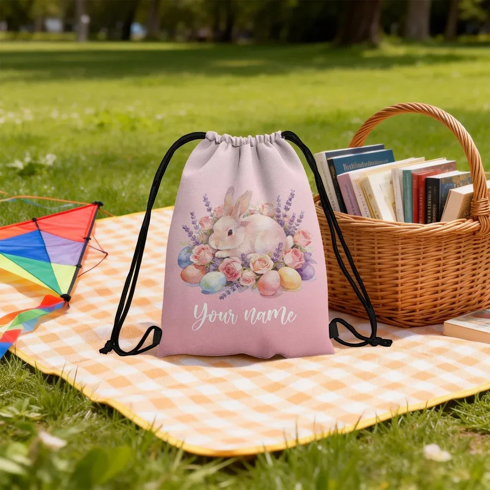sac à dos à cordon personnalisé avec motif floral aquarelle et lapin de pâques, sac à œufs personnalisé, cadeau de pâques pour enfants