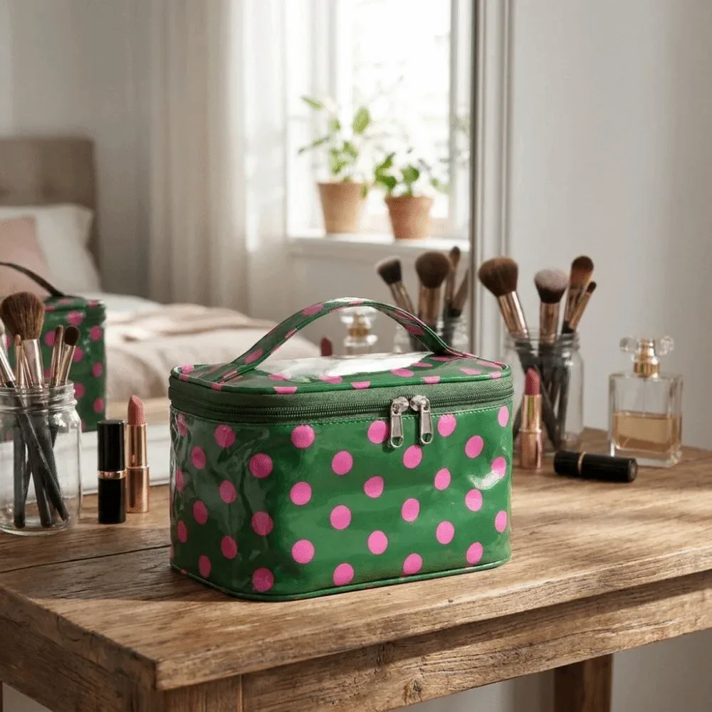sac de maquillage en pvc à pois, sac cosmétique imperméable en pvc, grande capacité avec poignée, organisateur de maquillage.