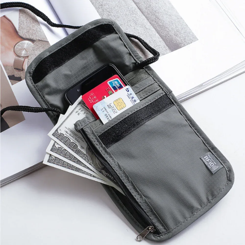 pochette de cou personnalisée anti-rfid pour passeport, sac de voyage en nylon anti-radiation, portefeuille de cou portable, porte-cartes d'identité bandoulière