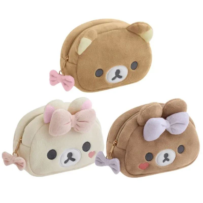 rilakkuma korilakkuma bow sac de maquillage en peluche avec miroir organisateur de rangement anime ours kawaii mignon voyage sac cosmétique pochette