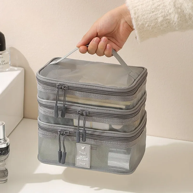 nouvelle trousse de toilette en maille, trousse de maquillage de voyage grande capacité à 3 couches, sac de rangement portable pour voyages d'affaires zy524