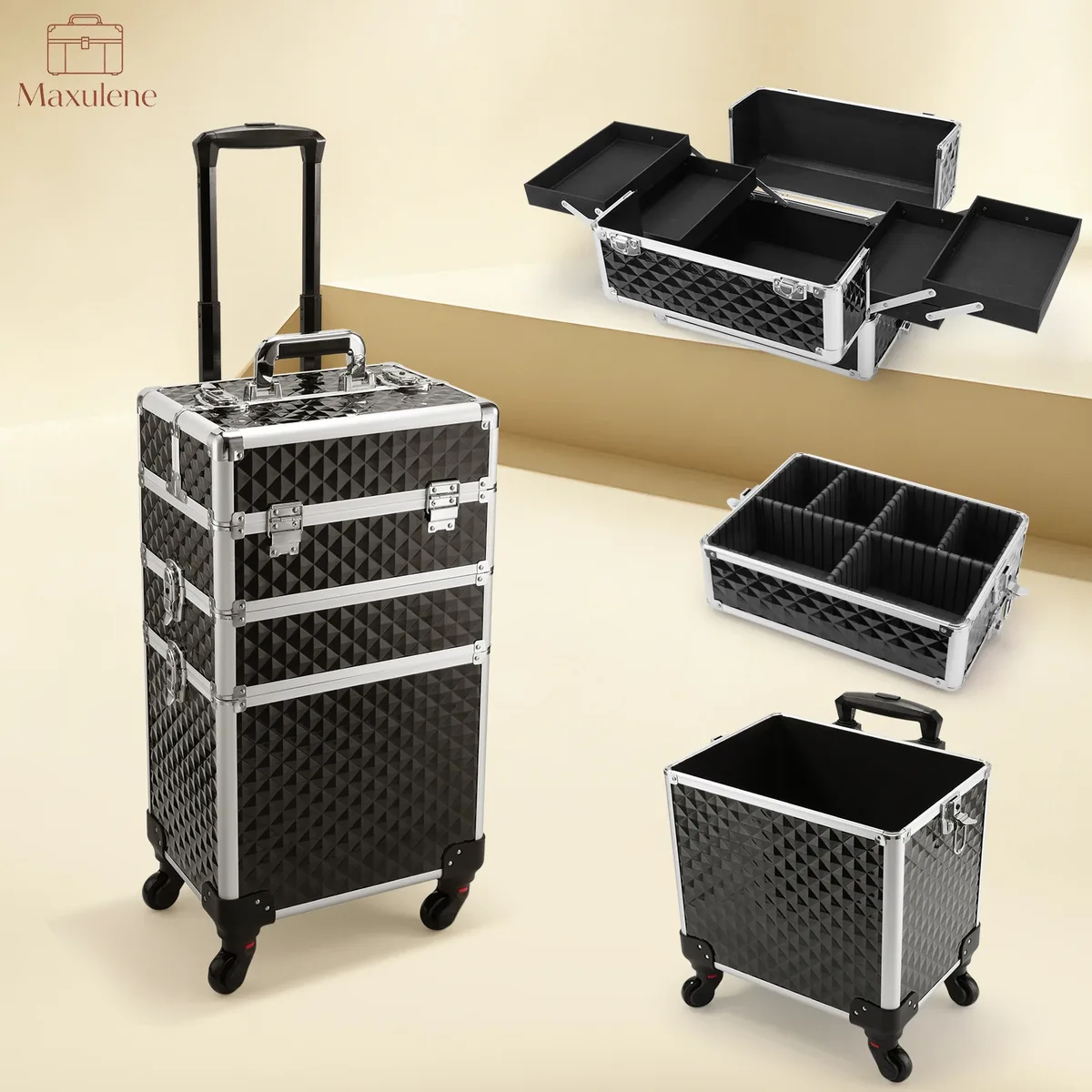 Valise de rangement roulante à 4 plateaux avec poignée télescopique, valise de maquillage 3-en-1 à cadre en aluminium, mallette de maquillage sur roulettes, chariot de maquillage portable, valise de barbier, organisateur d'outils professionnels pour vernis à ongles, valise de rangement